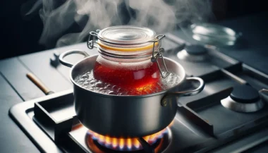 شیشه مربای بین ماری روی آب جوش داخل یک قابلمه استیل