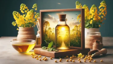 بطری روغن کانولا به همراه گل ها و دانه های این گیاه و تصویر مزرعه کانولا - روغن کانولا چیست