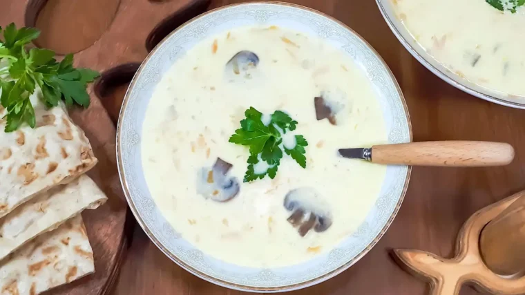 طرز تهیه سوپ جو پرک مجلسی در 4 مرحله ساده + فیلم 3 یک بشقاب سوپ شیر و قارچ غلیظ و خامهای تهیه شده توسط ژوان